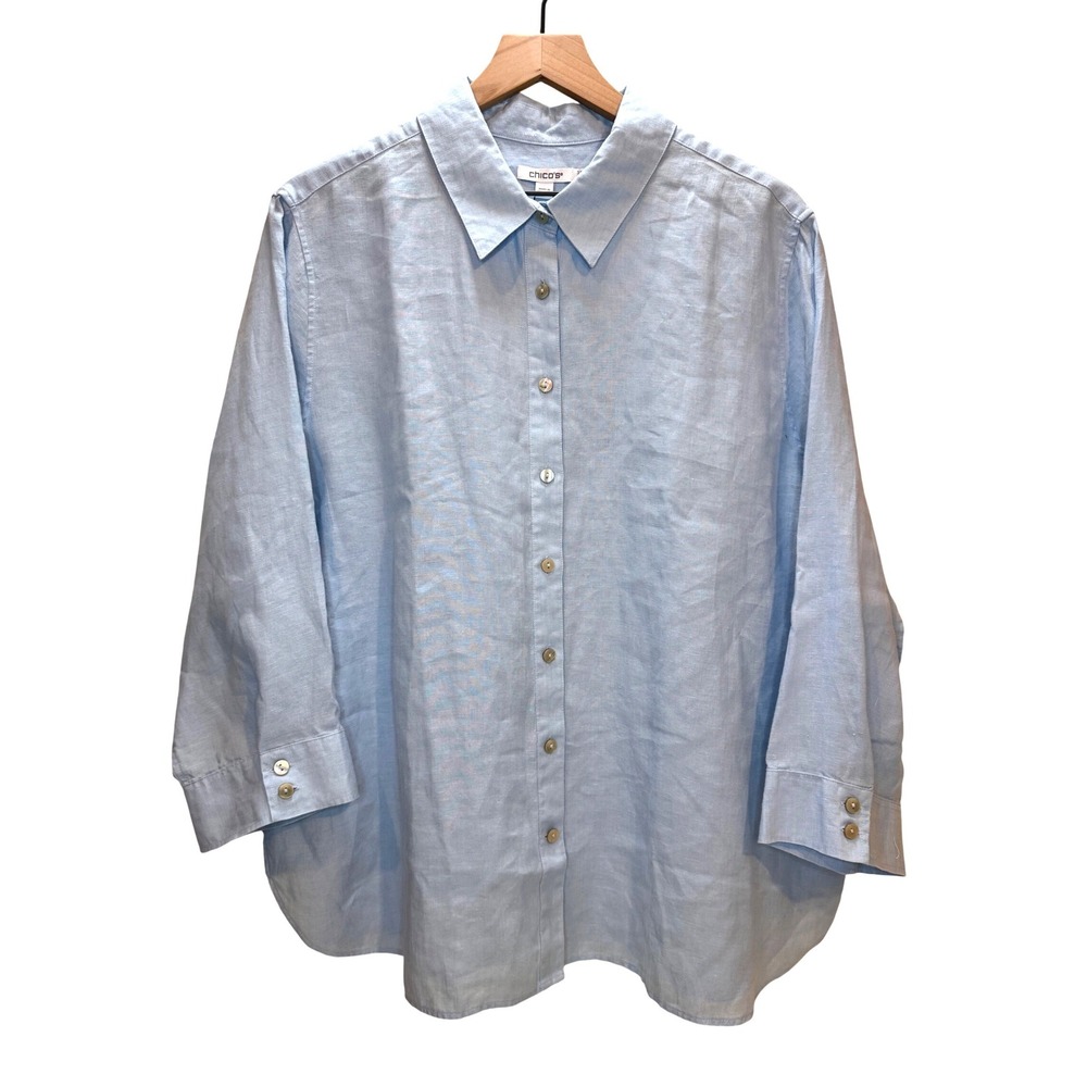 NWT Chico's Button Down Size 3.5 Light Blue No Iron 100% Linen Coastal Resort